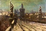 Stanislav Feikl Painting Winter on the Charles bridge oil